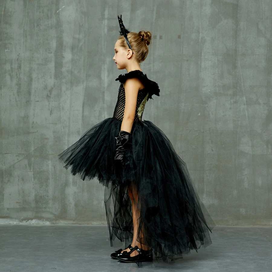 Fallen Angel Dark Gothic Black Halloween Tutu Dress Glitter Wings Girls Halloween Evening Party Ball Gown Evil Witch Costume (5)
