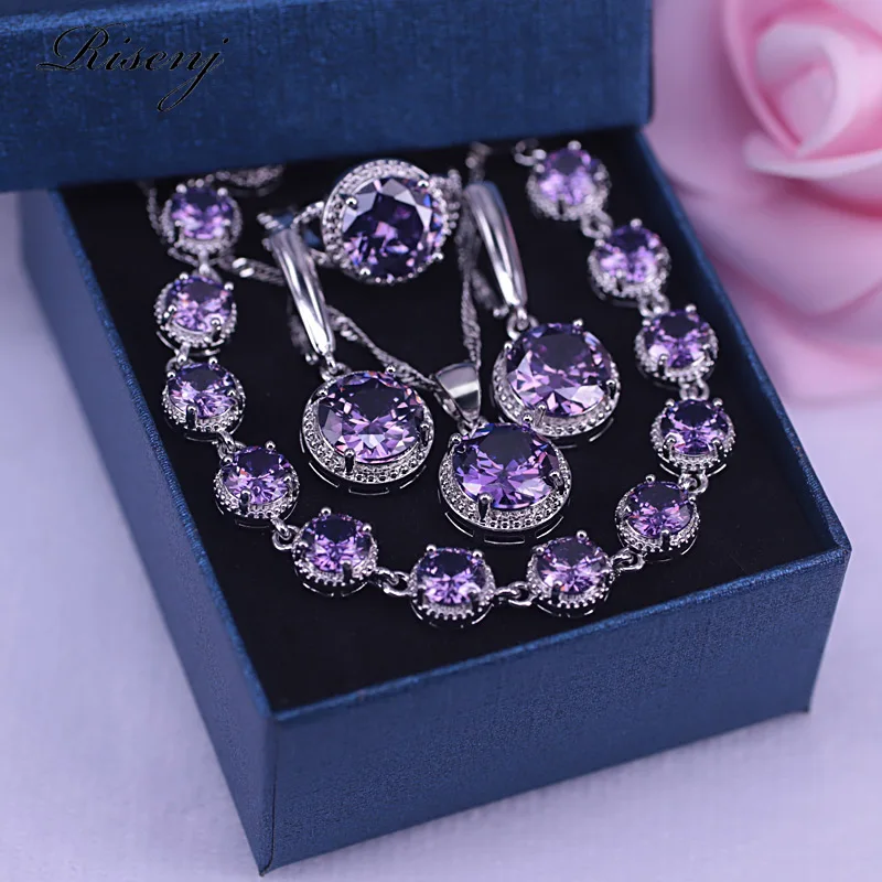 Many colors top cubic zircon Silver Color Jewelry Sets for Women Bracelet Ring Earrings Necklace Luxury Design