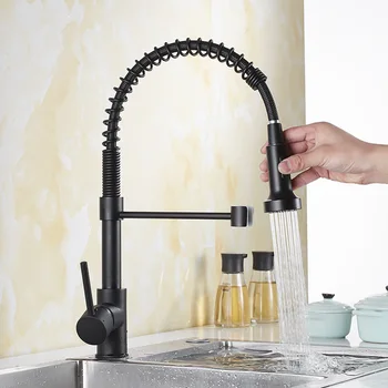

Black Paint Spring Kitchen Faucet Pull out Side Sprayer Dual Spout Single Handle Tap Sink Faucet 360 Rotation Kitchen Faucets
