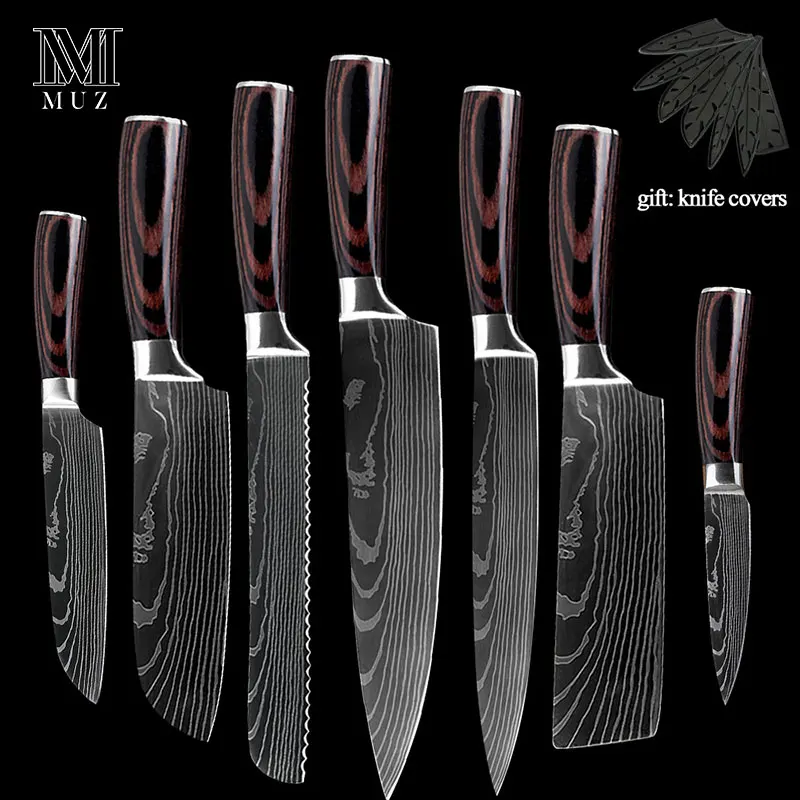 7pcs set Нержавеющая сталь, высокое качество, 8 дюймов, нож шеф-повара, лазерный дамасский сантоку, кухонные ножи, острый Кливер, нож для нарезки, подарок - Цвет: 7pcs set