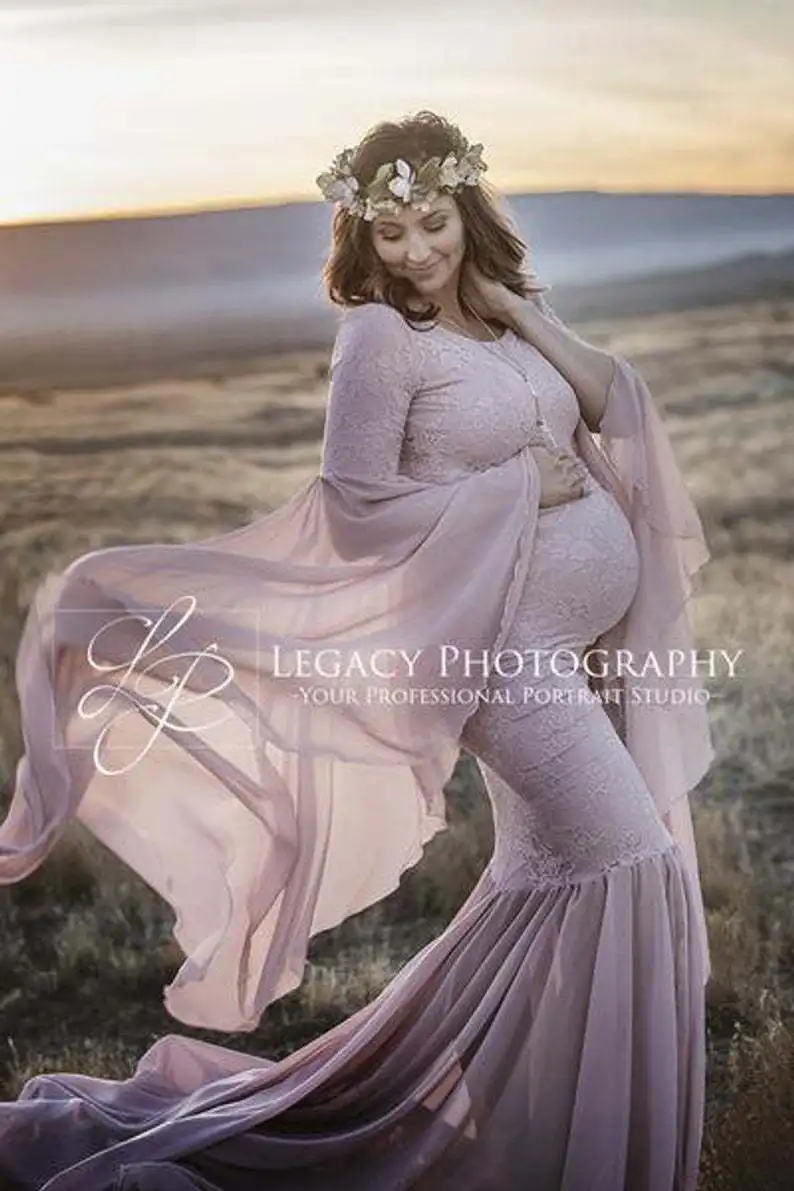 Mermaid Maternity Photography Props Dresses Lace Long Pregnancy Dress Ruffles Pregnant Women Maxi Maternity Gown For Photo Shoot (8)