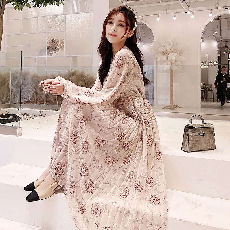 

Gentle Wind Printed Chiffon Long-sleeved Dress Female Autumn 2018 New Style Mid-length Korean-Style A- line Long Skirts