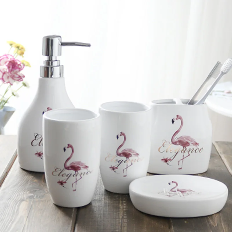5pcs Flamingo Дизайнерский набор для ванной комнаты дозатор жидкого мыла керамический лосьон для рук с дозатором Фламинго домашний подарок 5 шт. мыльница декор для ванной комнаты - Цвет: 5pcs Flamingo