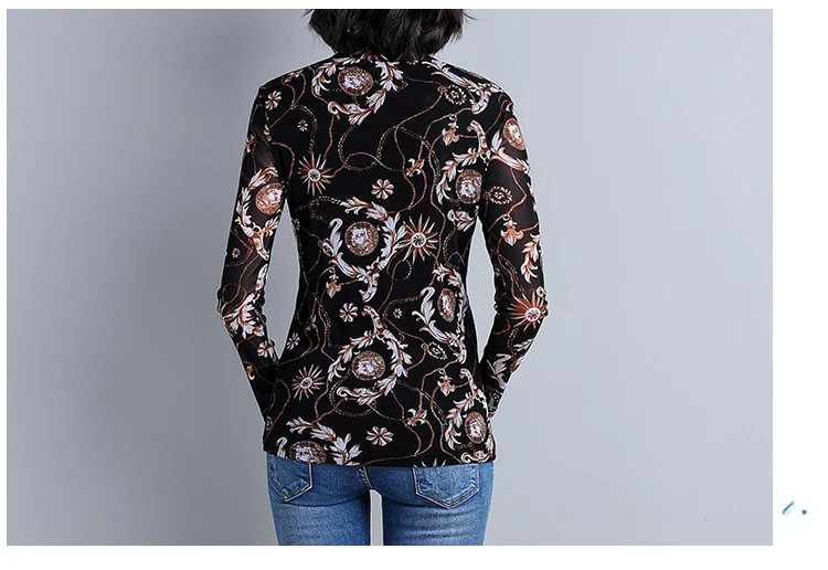 5XL Женские топы с принтом и длинным рукавом, блузки,, модные, стоячий воротник, сетка, булоус, для женщин размера плюс, рабочая одежда, блузки, рубашки