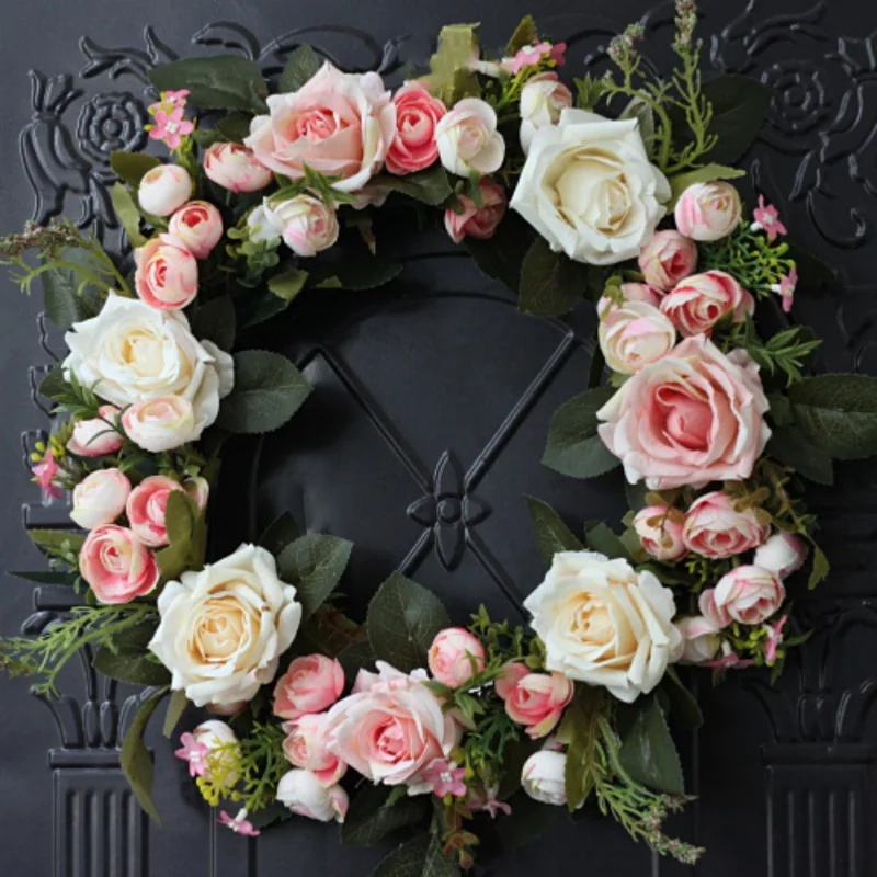 

Artificial Rose Flower Front Door Wreath Wedding Fake Floral Rattan Garland With Green Leaves For Window Wall Home Decoration