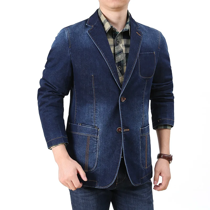 Men Denim Blazer Suit Jacket Single Breasted Pocket Casual Blouse Autumn Male Outwear Slim Man Cowboy Blazer Masculino men denim suit jacket