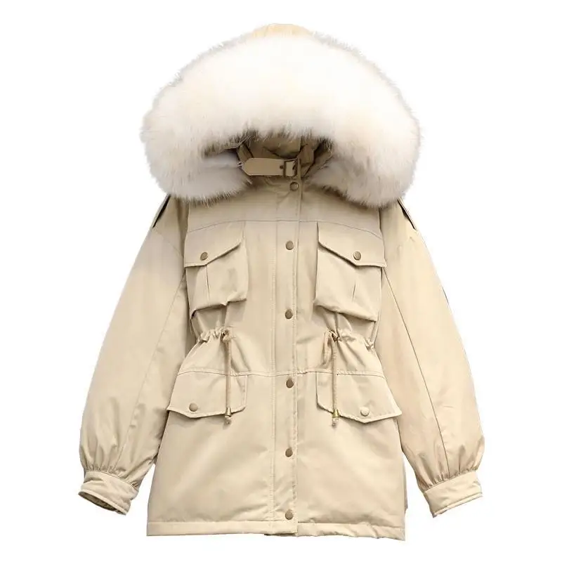 Женская зимняя куртка с капюшоном,, тонкая парка на белом утином пуху, пальто, плотная большая теплая верхняя одежда с воротником из натурального меха енота