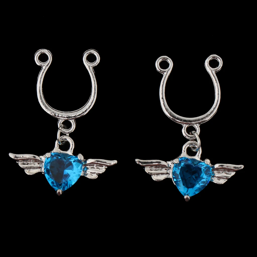 1 Pair Fake Nose Ring Clip On Non Piercing Crystal Dangle Stud Body Jewelry