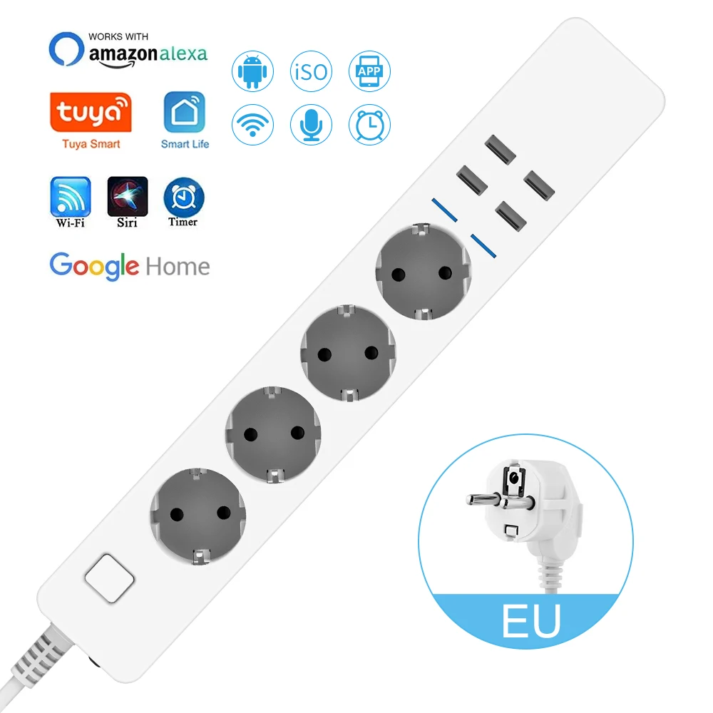 Smart Power Strip Wifi 4 EU Outlets Plug  4 USB Charging Port Timing App Voice Control Work with Alexa Google Home Assistant