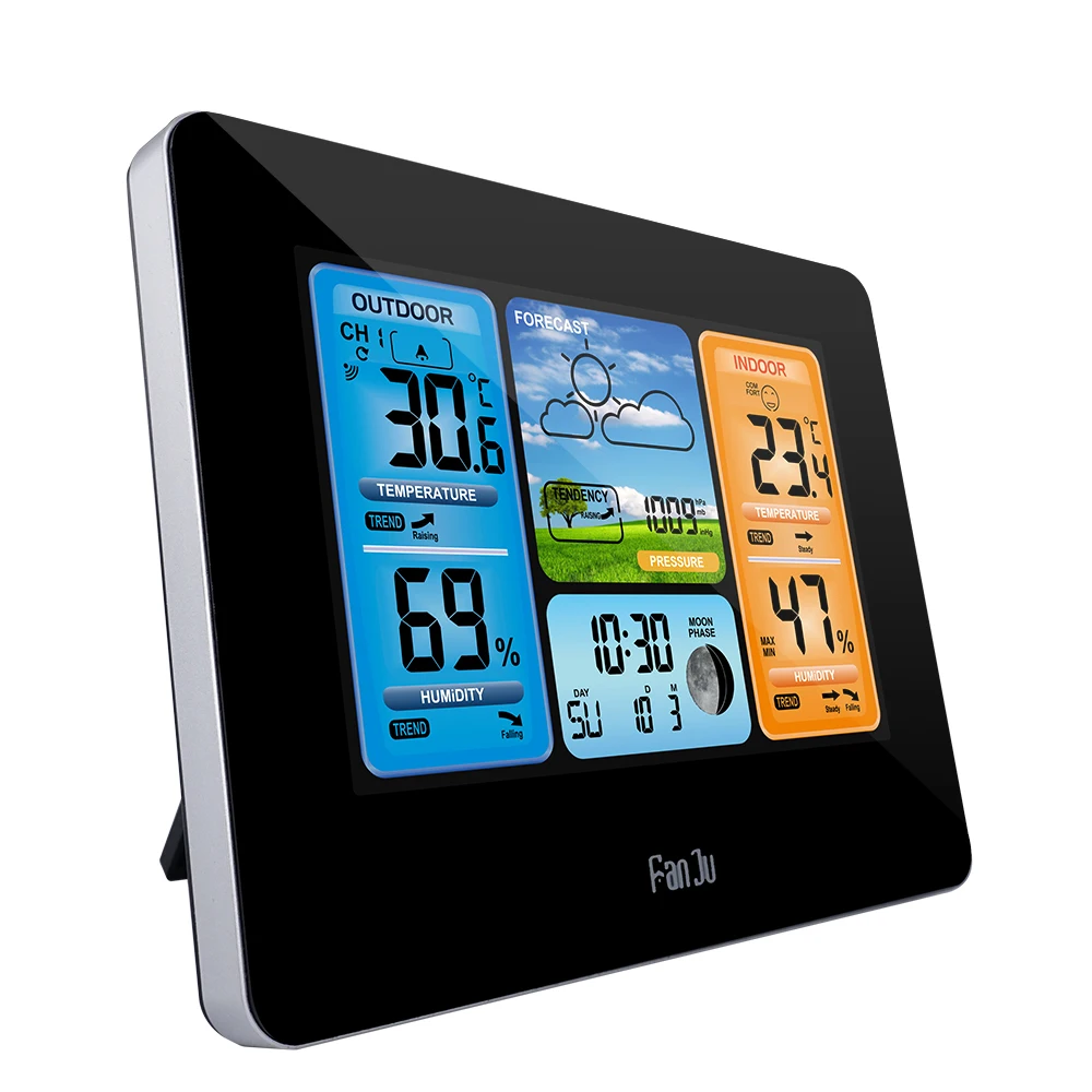 FanJu, цифровой термометр, гигрометр, метеостанция, беспроводной датчик, погода, температура, часы, настенный стол, будильник, горячая