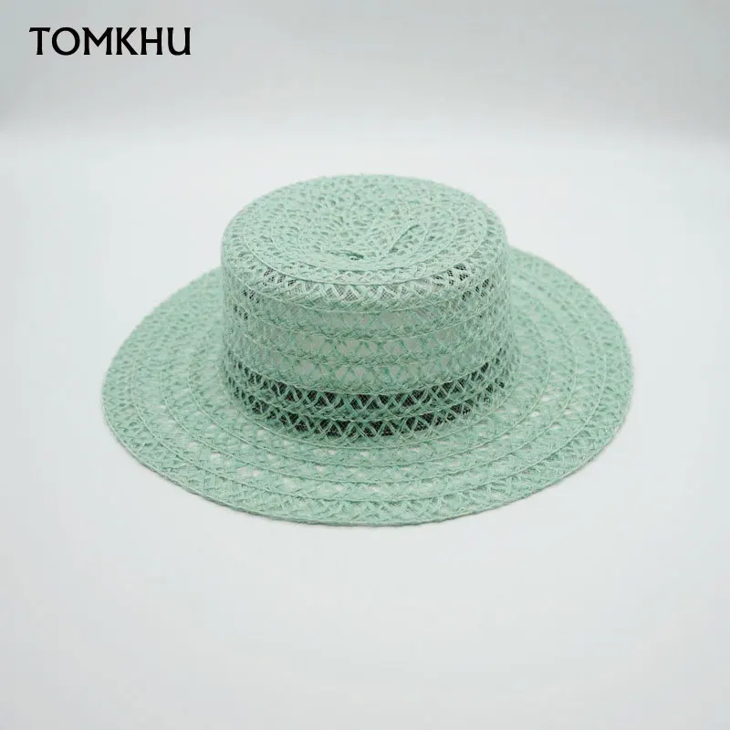 

NEW Hollow Knitting Flat Top Green Sunscreen Lady Grass Fedoras Hats Women Summer Casual Panama Jazz Hat Chapeu Feminino Custom