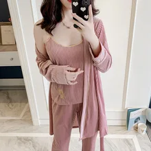 Женский сексуальный костюм из 3 предметов, ночная рубашка и халат, Вельветовая вышивка, Ночная одежда, кимоно, банное платье,, Осенний теплый топ и штаны, комплект одежды для близнецов