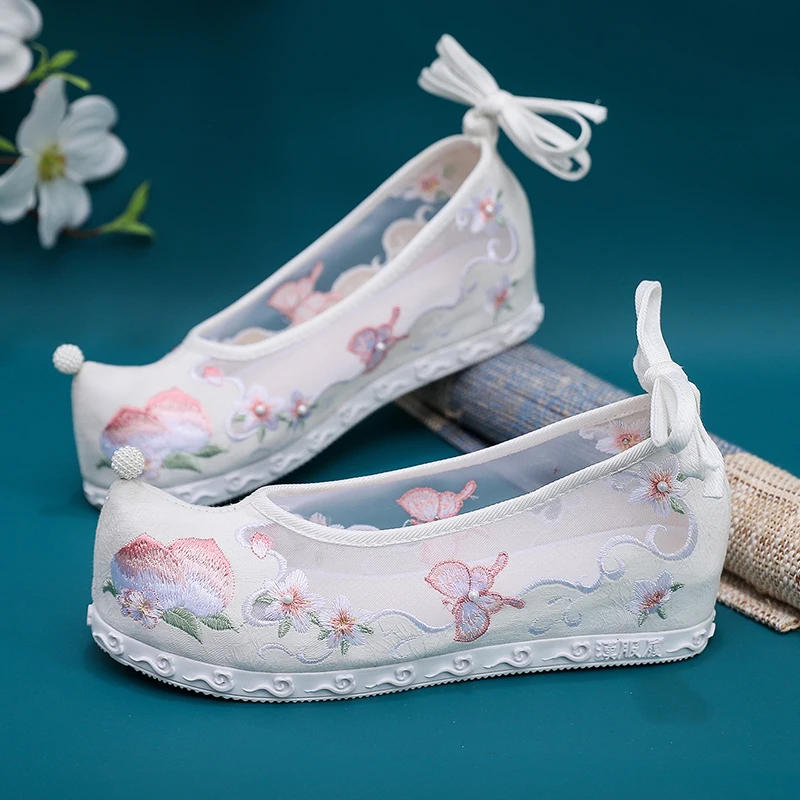 

XinHuaEase Summer New Antique Hanfu Shoes Yarn Peach Embroidered Chinese Traditional Style Oriental Women's Ancient Pink White