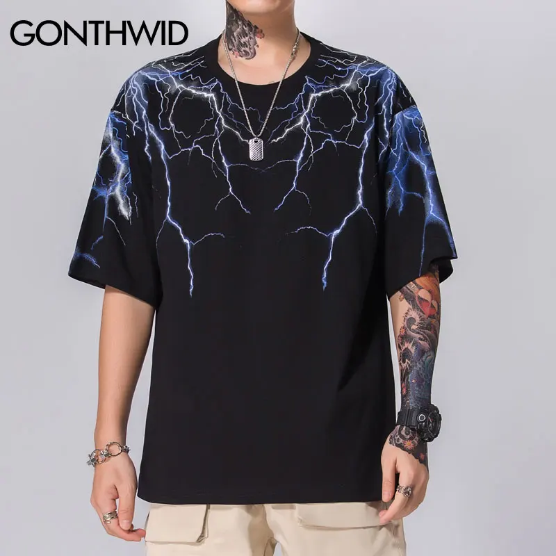 Harajuku Casual Tee Hip Hop Shirt Lightning Print Tee Shirt Gonthwid shirts Concert Shirt Hip Hop Dark Lightning Streetwear Tshirt