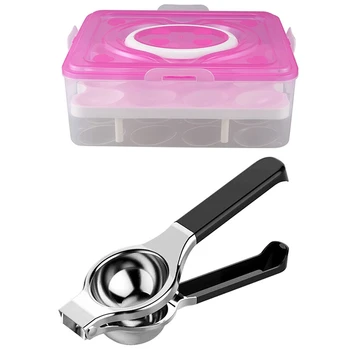 

2 Pcs Kitchen Ware, Eggs Holder Box Covered Egg Dispenser & New Stainless Steel Manual Lemon Juicer Squeezer
