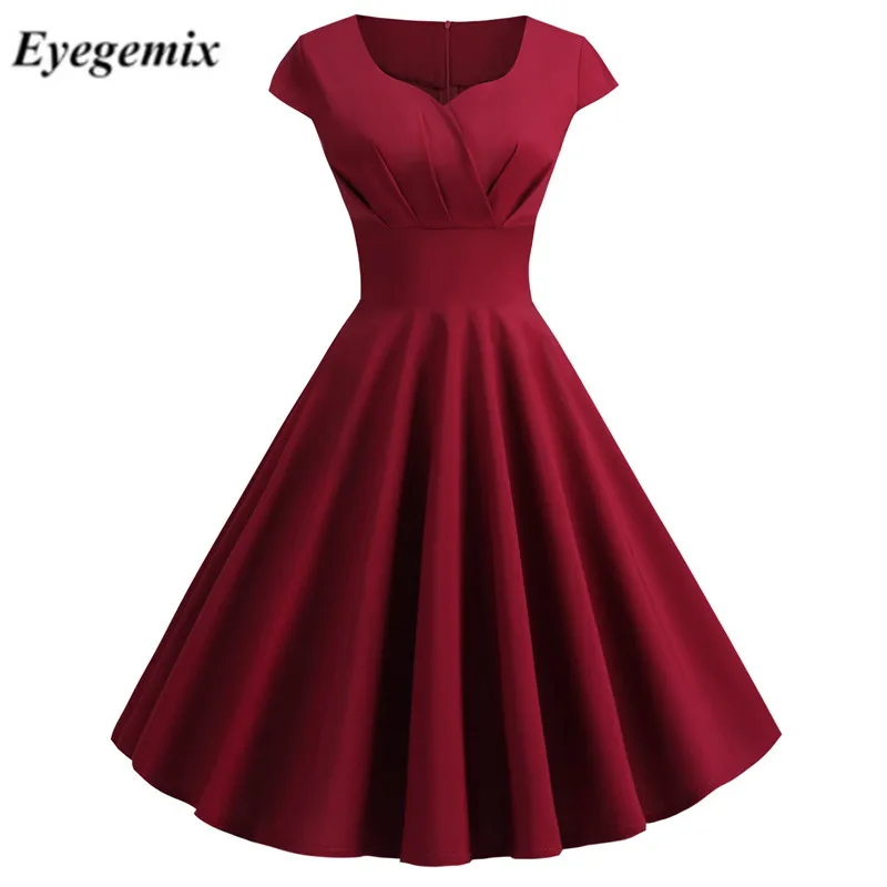 Летние платья винтажные элегантные с v образным вырезом однотонные Vestidos