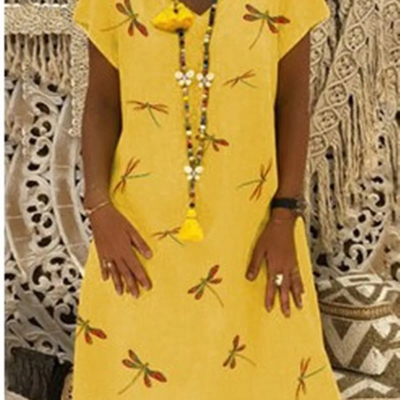 

Large size loose women's dress 2020 summer dress new fashion dragonfly print V-neck lady dress 5XL