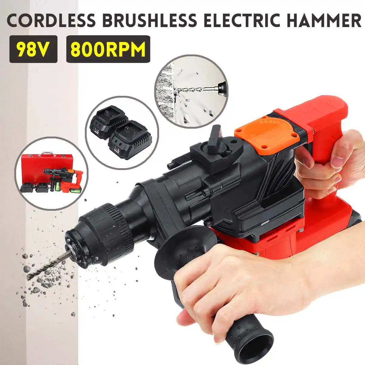 

98V 800RPM Brushless Electric Cordless Hammer DC Lithium-Ion Battery Chargers Rotary Impact Drill Drill Electric Drill