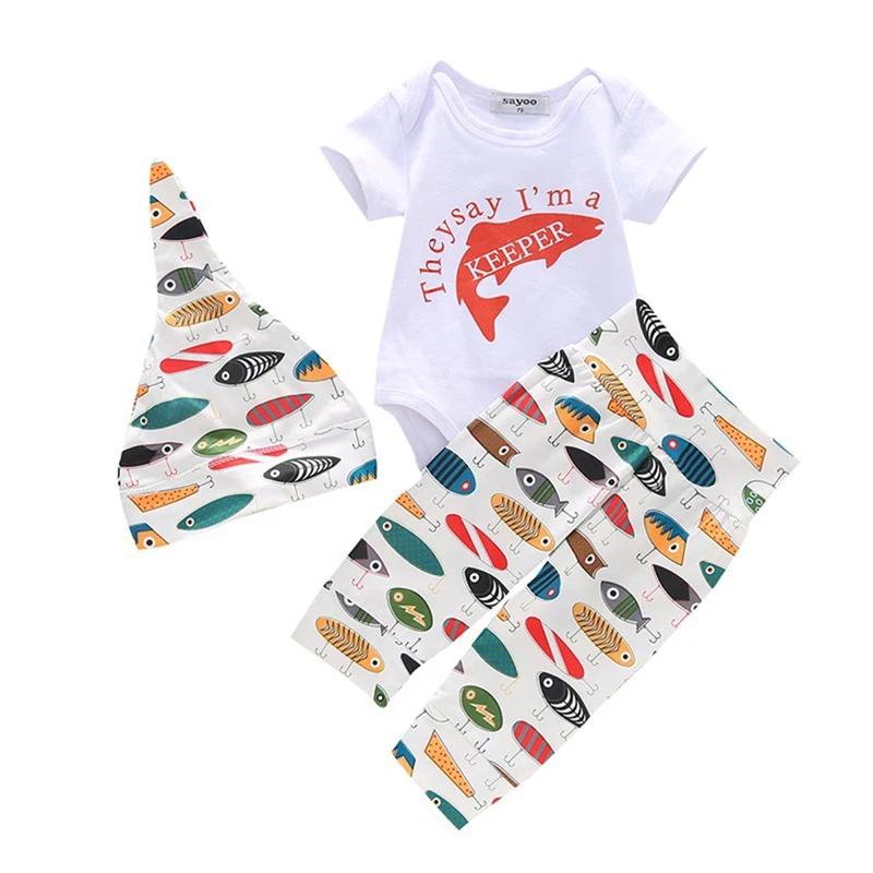 A Одежда для новорожденных мальчиков с принтом «Daddy's Fishing Buddy»; боди; топы; длинные штаны; шапка; одежда для детей 0-24 месяцев; Милые комплекты из 3 предметов для маленьких девочек - Цвет: A