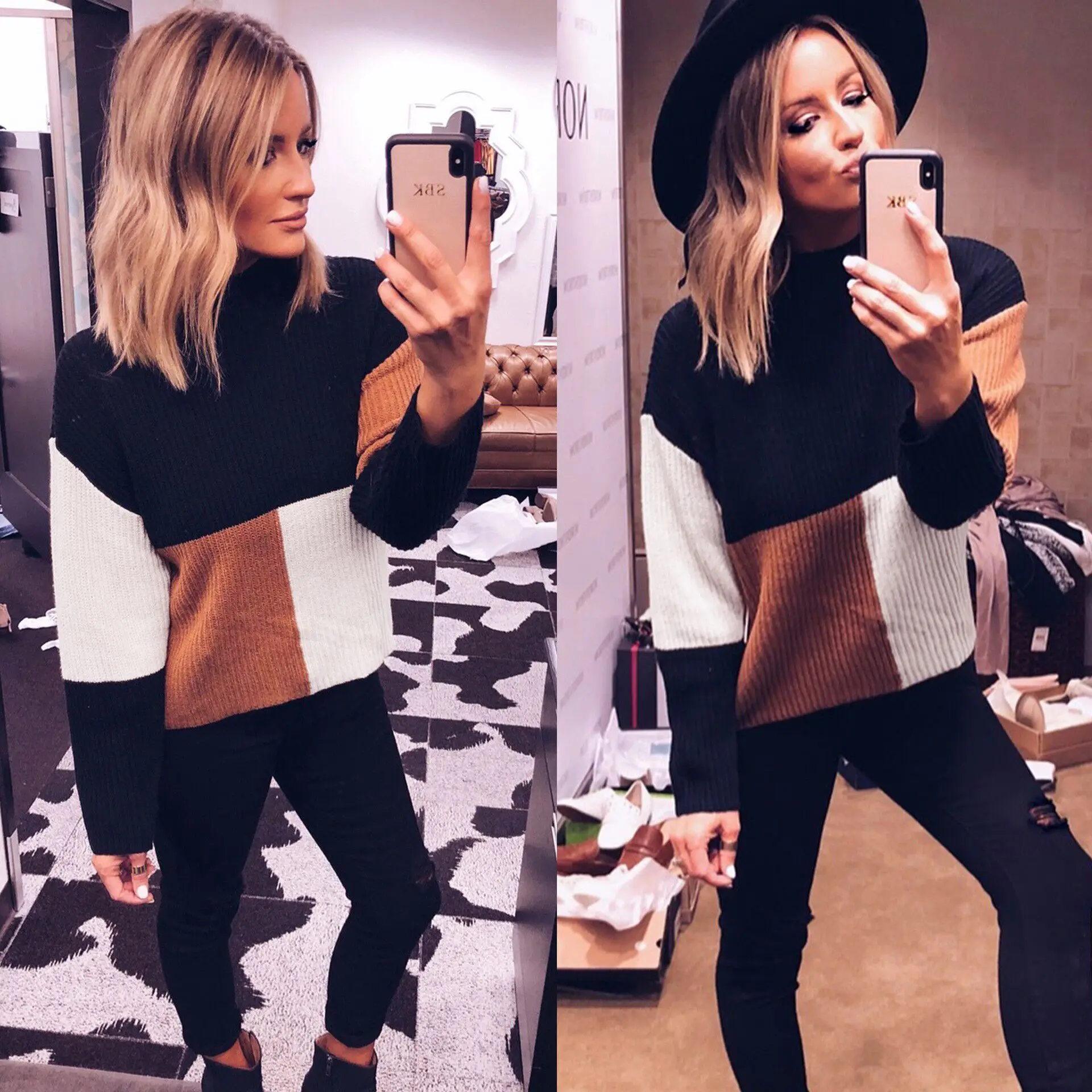 

Autumn and Winter new Sweater Women High collar heat Fashion Colorblock Sweater blouses Knitted Pullover Long Sleeve Sweater top