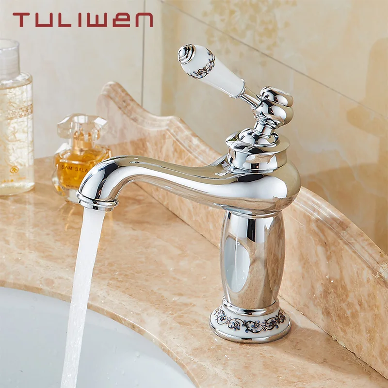 

Bathroom Faucet Basin Sink Cold Hot Water Mixer Taps Totally Brass Chrome Finish Ceramic Style