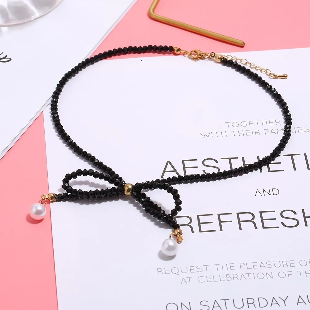Модные ожерелья и кулоны для женщин Collier Femme, Винтажное колье с бантом и черным бисером для женщин, Жемчужное ювелирное изделие, подарок