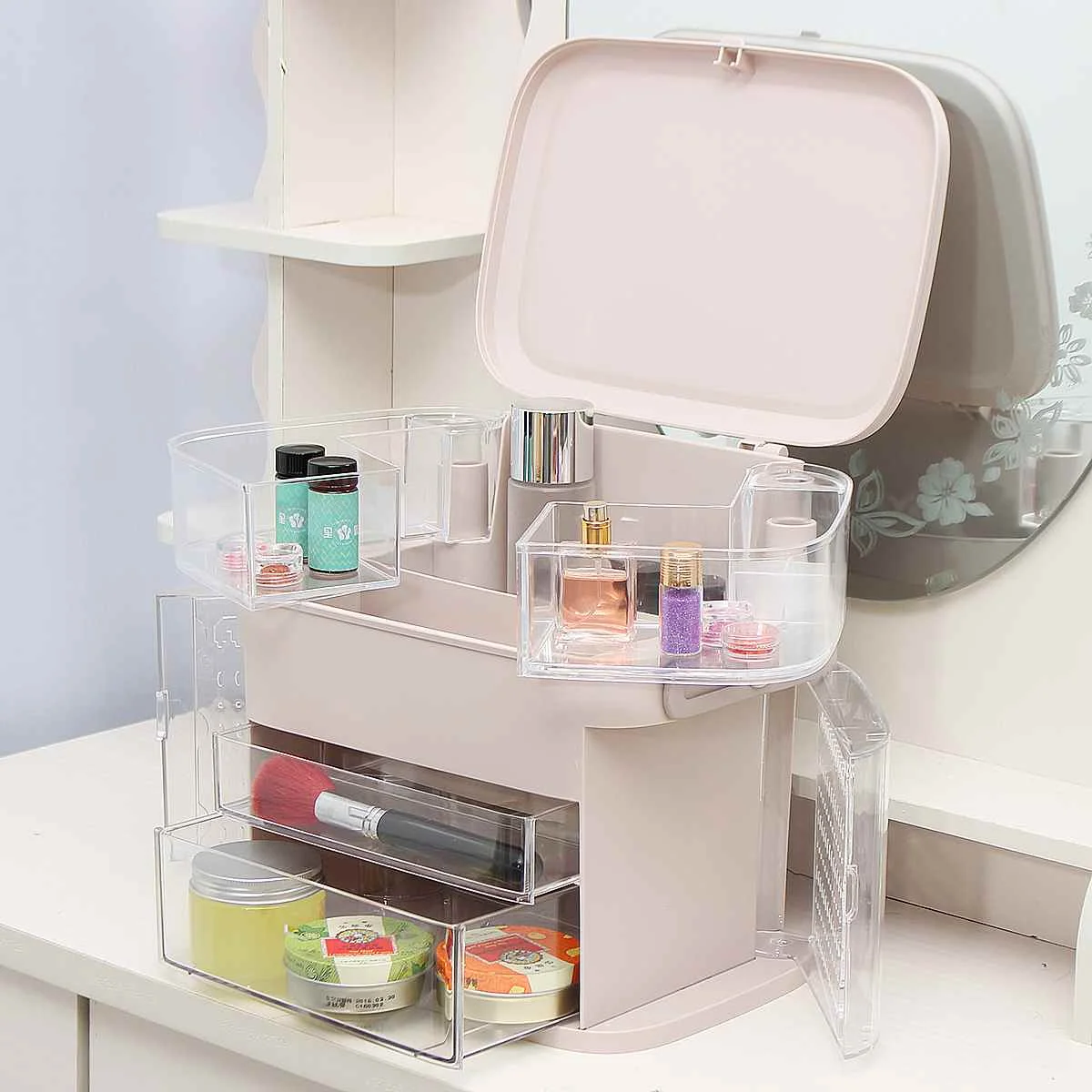 

Large Drawer Cosmetic Storage Box Household Desktop Turnable Jewelry Finishing Box Drawer Dressing Table Skin Care Rack 2 Colors