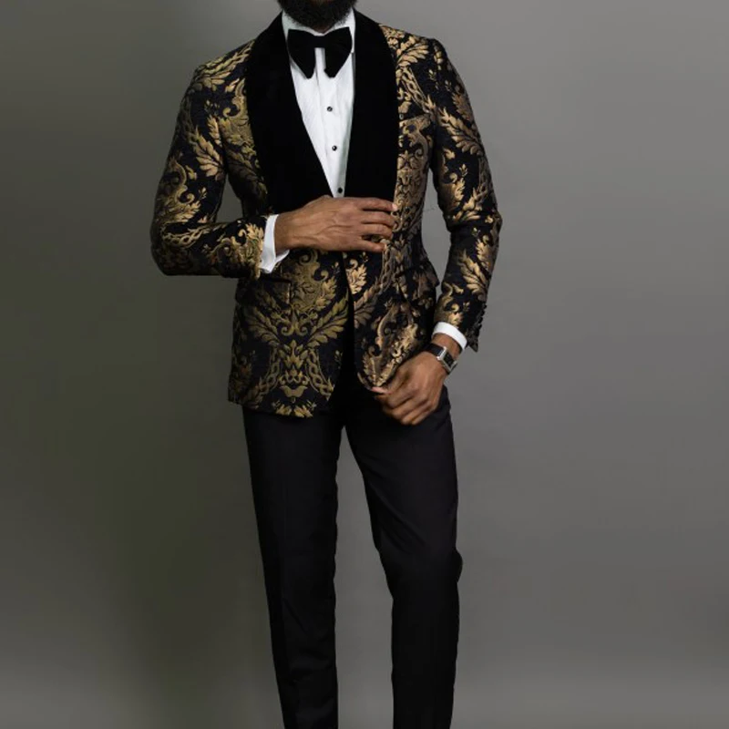 Men Suits Velvet Wedding Groom Tuxedo Slim-Fit Floral Black Male 2piece Jacquard