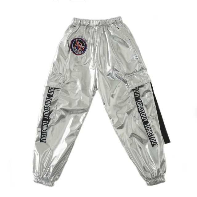 2021 Fashion Boys Hip-hop Set Girl Silver Color Jazz Dance Costume Children Performance Clothes Dance Costume Cool Rave Outfits Pants