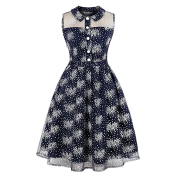 

Sisjuly Elegant Female Mesh See Through A-line Dress 1950s Sleeveless Lapel Collar Mid-Calf Swing Dress Patchwork Vintage Dress