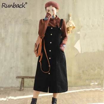 

Runback Corduroy Dresses Women Plus Size Spring Button Decor Strap Dress Mid Calf Casual Pinafore Overall Black A-line Vestidos