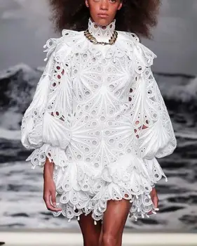 

Turtleneck Embroidery Hollow Out Lantern Sleeve Ruffles Mini Dress Fashion sexy women celebrity body con Dresses wholesale