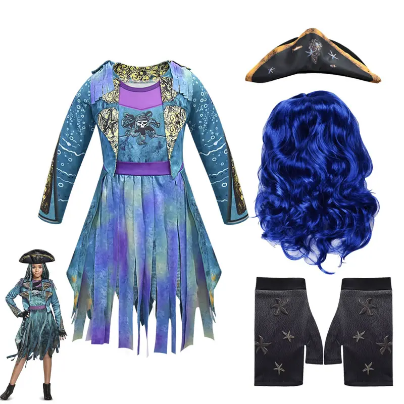 

Descendants 3 Costume For Teen Girl Dress Set Halloween Child Up Disguise Print Frock Kid Cosplay Cloth Hat Wig Gloves Outfit