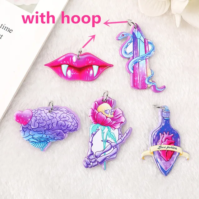 10Pcs Creepy Valentine Acrylic Charms Magic Snake Heart Skull Flower Pendant For Earring Necklace Diy Making Mix with Hoop