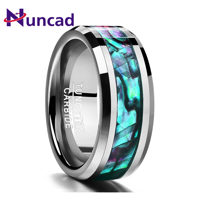 Online Nuncad 2018 trend 8MM con incrustaciones de abulón, anillo de carburo de tungsteno biselado, joyería para anillos de dedo del Partido de la boda, envío directo