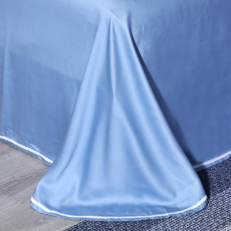 Luxury Lace Tencel Lyocell Blue Bedding Sets 4 Piece Natural Organic Silky Soft Princess Bedclothes Queen King Size Sheets