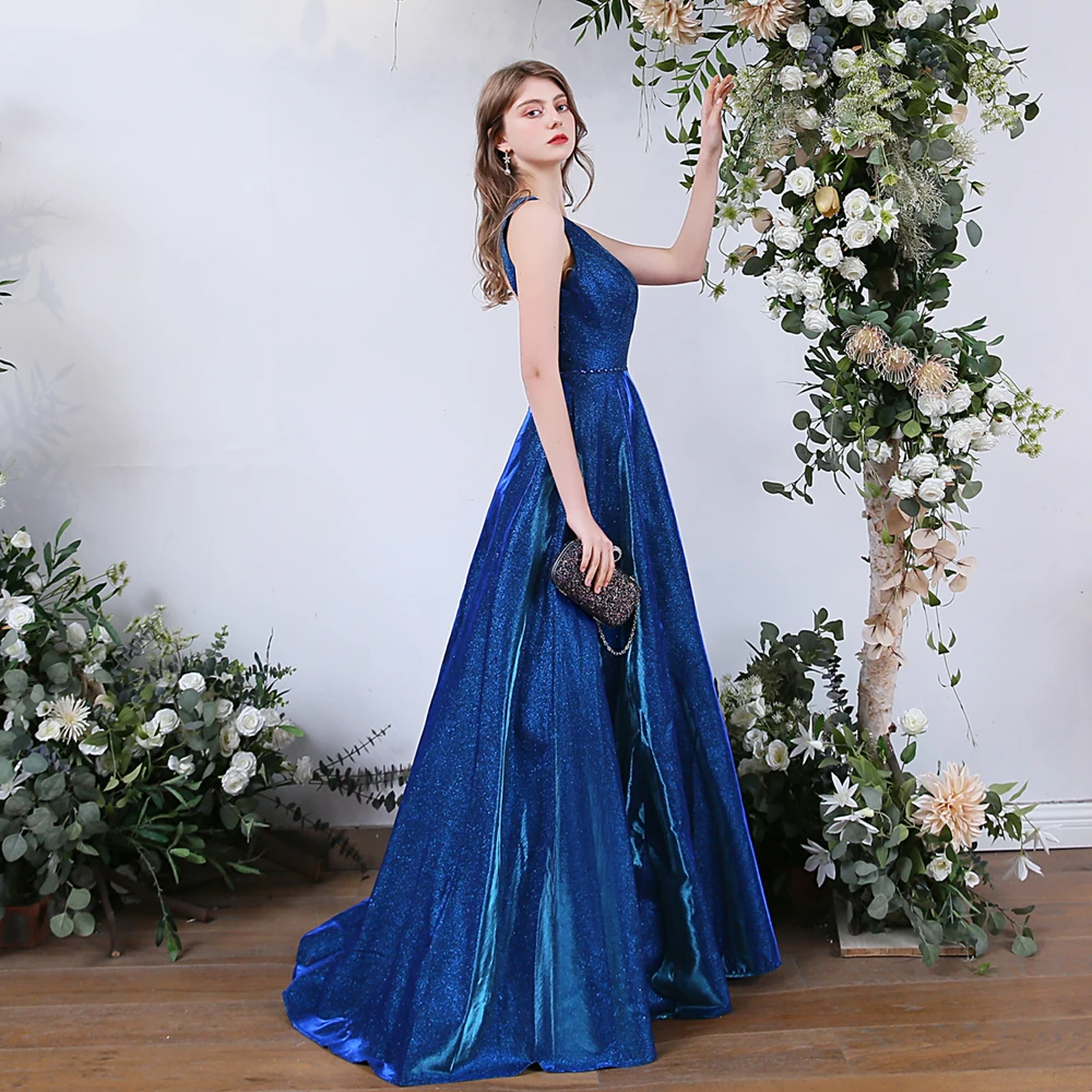 SSYFashion, новинка, простое Сверкающее вечернее платье, элегантное, банкеты, расшитое блестками, блестящее, синее, с открытой спиной, роскошное, официальное, выпускное платье, Vestidos