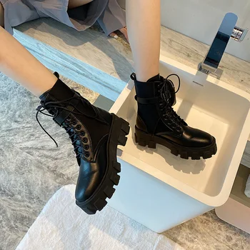 

Fashion Women Martin Boots with Removable Bags Cross Tied Lace Up Short Ankle Boots Ladies Roman Style Martin Boots Thick Flats