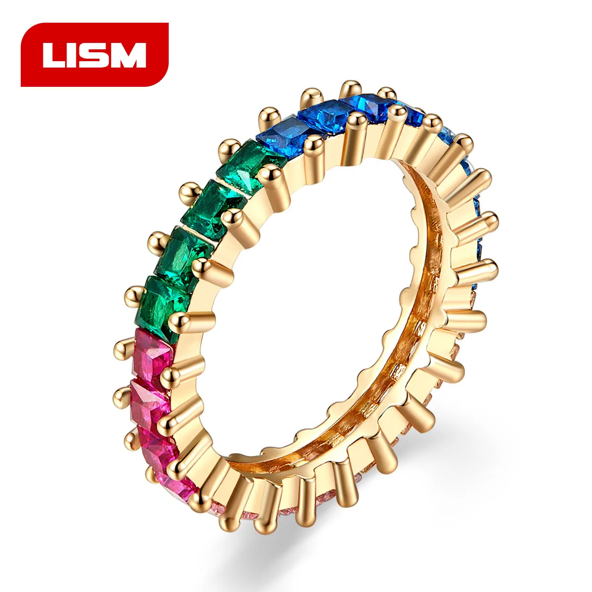 

Colorful CZ Eternity Band Ring Thin Skinny Engagement Wedding Birthstone Rainbow Color Classic Simple Round Circle Finger Rings