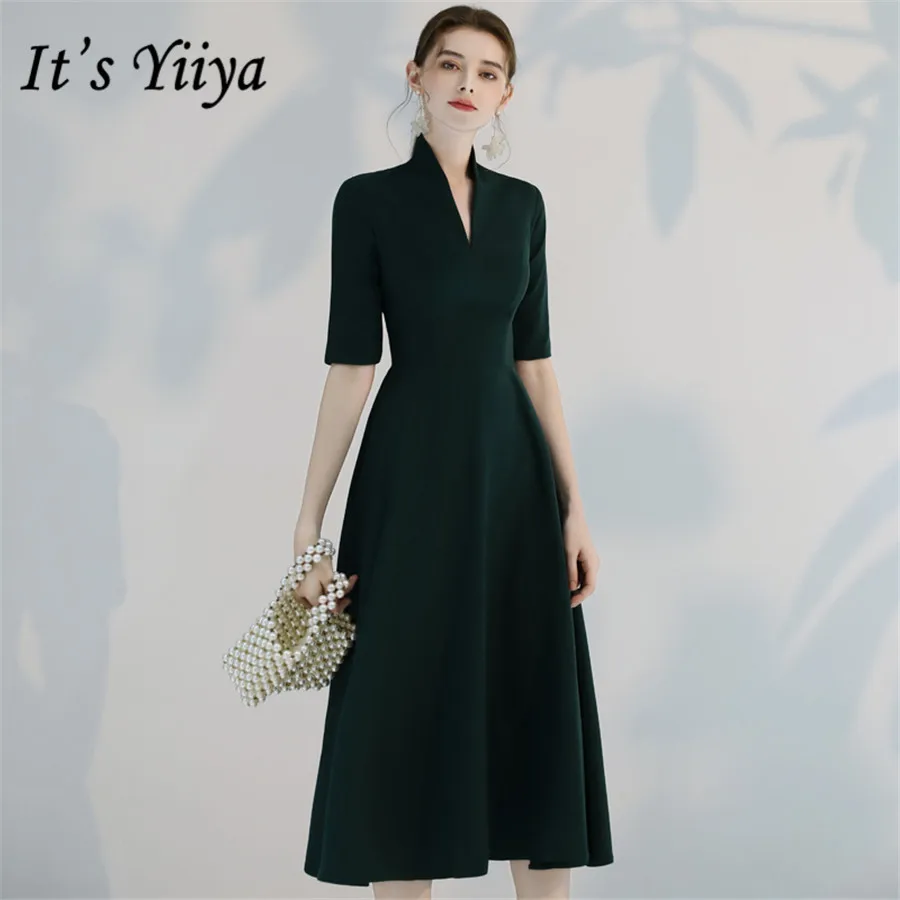 

It's Yiiya Evening Dresses V-neck Half Sleeve Dark Green Party Gowns Plus Size Formal Dresses E1444 Elegant robe de soiree