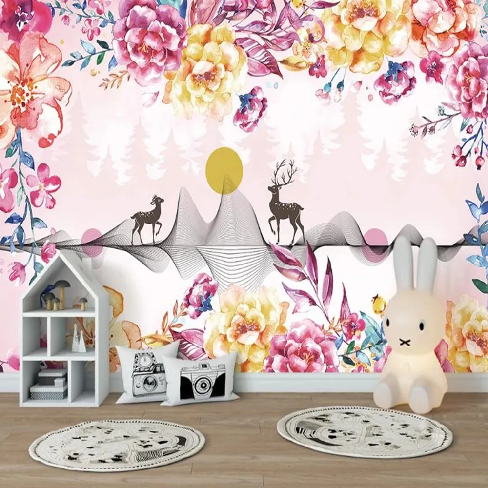 

Milofi custom 3D modern pink watercolor flower elk children's room background wall mural