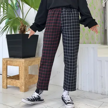 

Vintage Plaid Print Casual Pants Women Fashion Patchwork Black White Brand Harajuku Summer Trousers Gothic Sweatpants Jogger