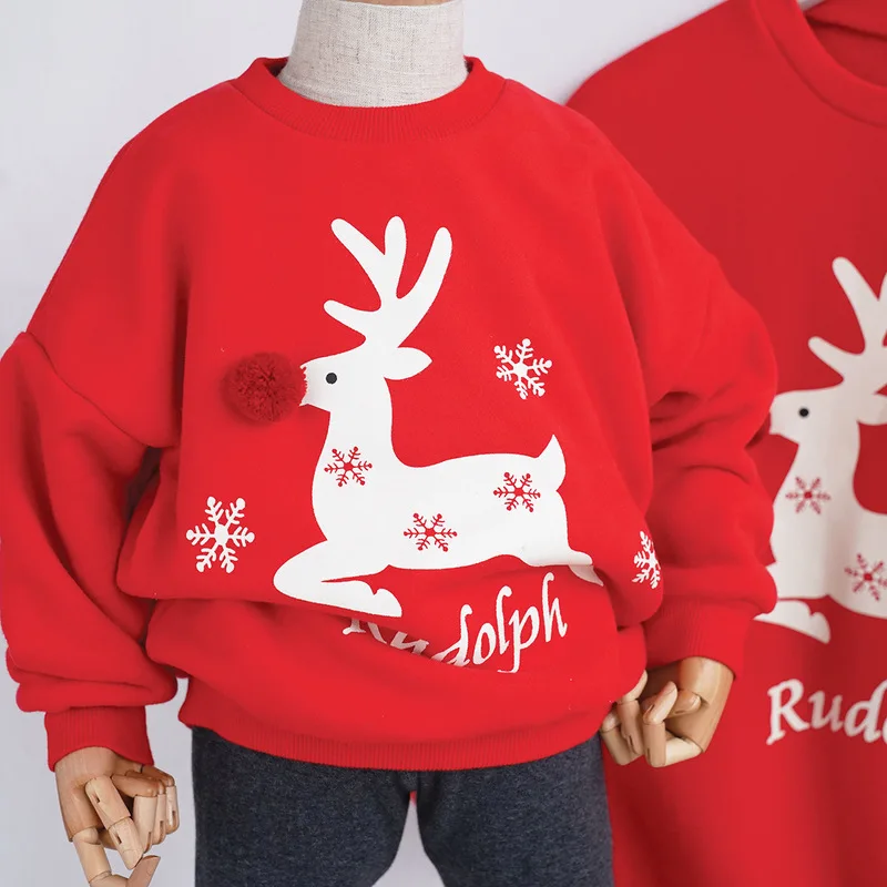 Одинаковые комплекты для семьи; коллекция года; Сезон Зима; Рождественский свитер с милым оленем; одежда для детей; детская футболка с добавлением шерсти; Теплая семейная одежда