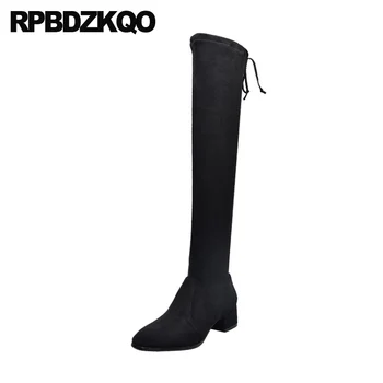 

long ladies autumn black custom high heel tall shoes block chunky lace up over the knee fur suede slim thigh women boots winter