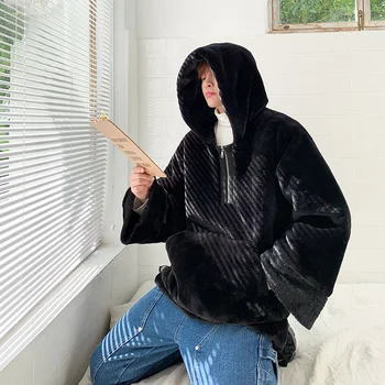 

2019 Winter New Japanese Loose Imitation Fur Popular Thick Short Paragraph Warm Student Casual Men's Hooded Pullover Big Size