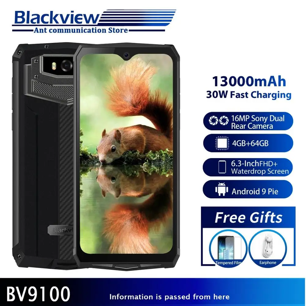 

Blackview BV9100 6.3'' FHD IP68 Rugged Smartphone 4GB 64GB Helio P35 Octa Core Android9.0 Mobile Phone 30W Fast Charge + 13000mA