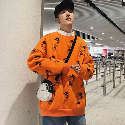 Orange red Kawaii собака аниме Харадзюку Корейский мультфильм печати мужские толстовки с длинным рукавом Осень Зима негабаритных черный японский студенческий Топ - Цвет: Orange red