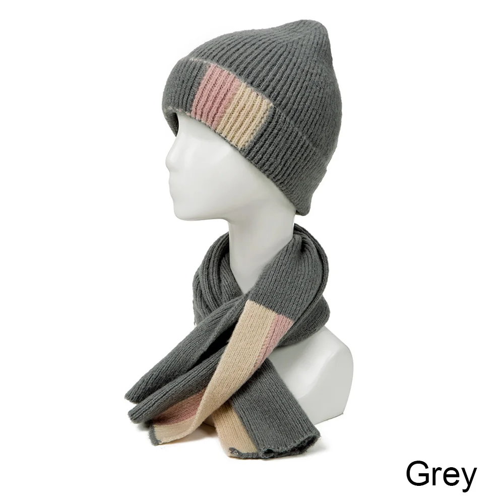 Женский Зимний вязаный шарф, набор, шарф бини, шапка, легкие шарфы, кашемировые теплые шапки, шарфы для детей и мужчин - Цвет: Grey