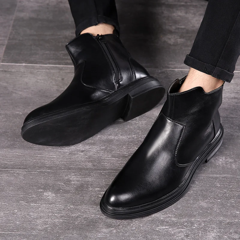 DESAI NEW Men's Martins Boots Autumn Winter PU Leather Black Shoes Men Short Boots Pointed Toe Motorcycle Boots with Zip