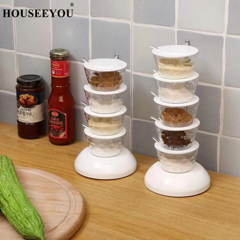 

4/5 Layers Rotatable Spices Rack Tower with Lid Spoon Container Seasoning Box Herb Salt Storage Condiment Jar Cooking Tools